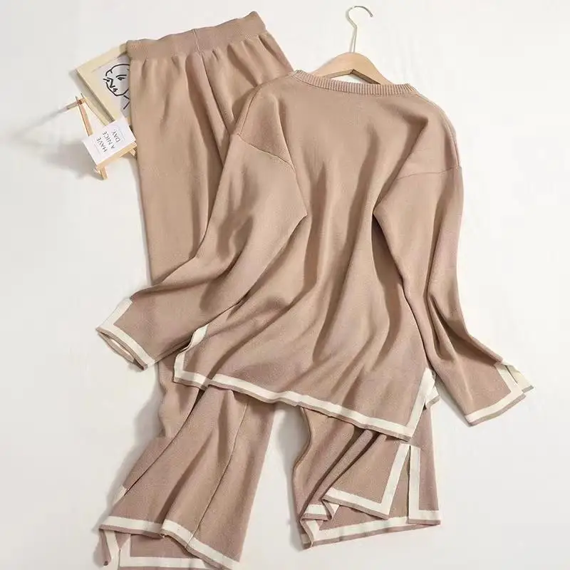 

Two-Piece Set of Knitwear for Women, Wide Leg Pants, Long Sleeve, High Waist, Contrast Color, Split, Autumn, New Style