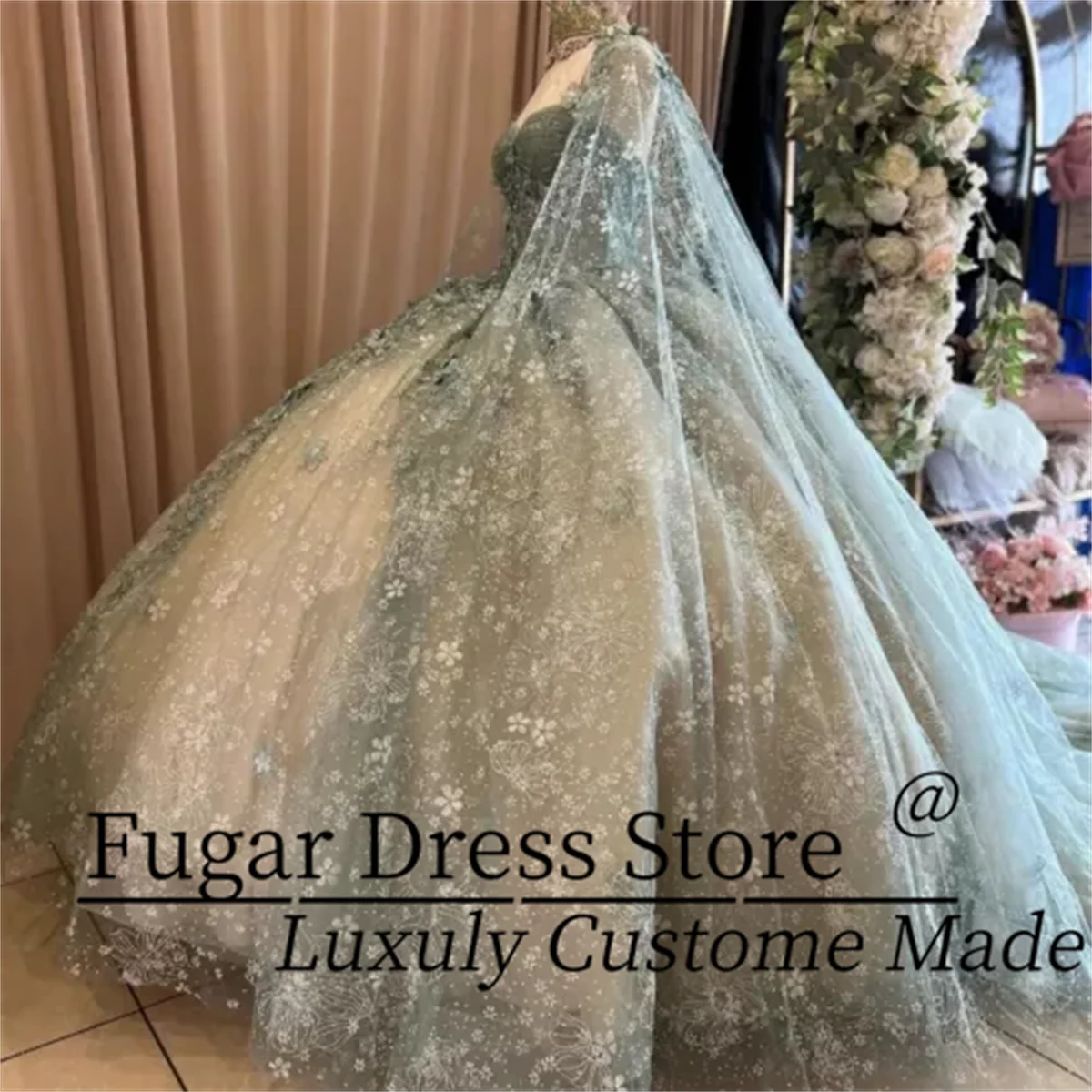 Sage Green Princess Quinceanera Dress Fashion lace Sweetheart Neck Tie Shawl Party Ball Gowns quincea&ntilde;era
