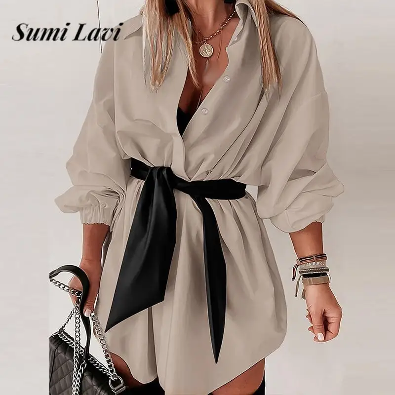 

Fashion Solid Color Women Shirt Dress Autumn Lapel Single-breasted Mini Cardigan Dress Ladies Long Sleeve Waisted Lace-up Dress