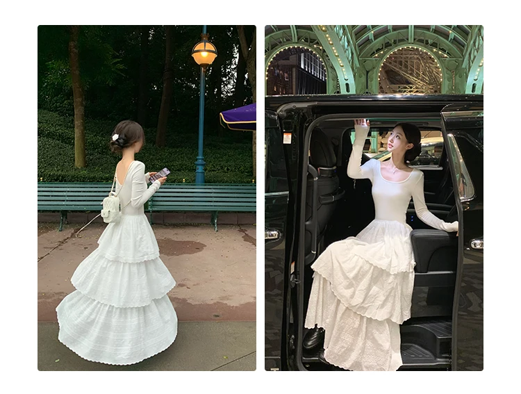 Autumn New Cake Midi Dresses for Women Solid Long Sleeve U-neck Backless A-line Korean Fashion Casual One Piece Vestidos Mujer