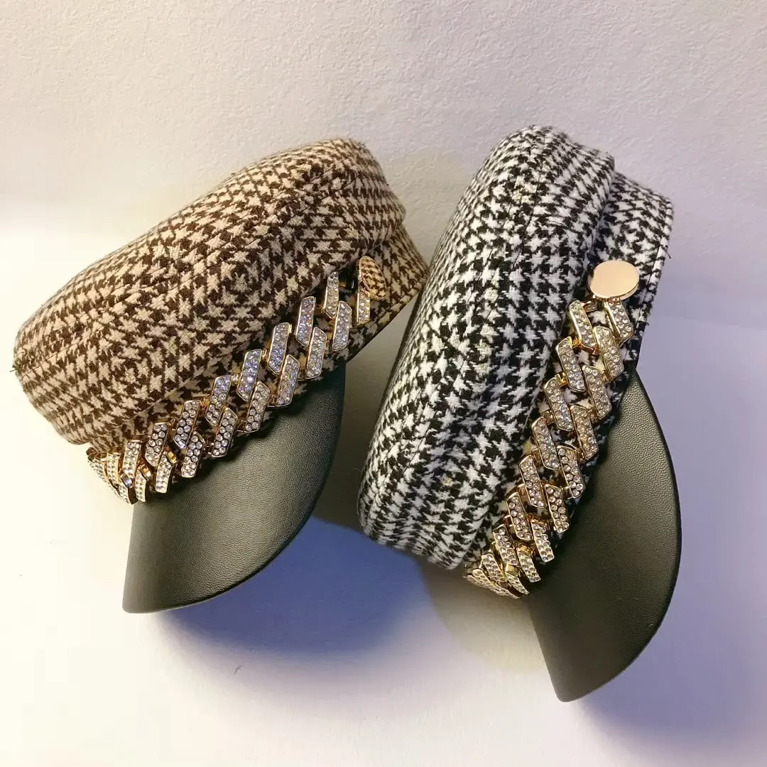 

New spring swing bird lattice rhinestone chain navy hat female British face small fashion retro painter newsboy hat tide