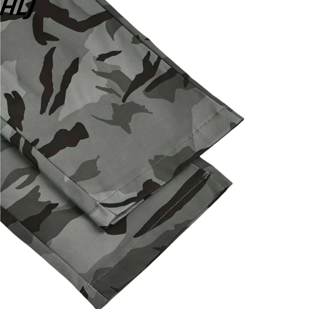 HLJ Gray Fashion Camouflage Printing Cargo Pants Women High Waisted Button Pocket Trousers Autumn Casual Sporty Matching Bottoms