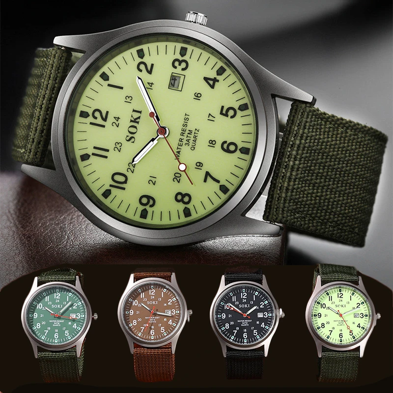 Luxury High-grade Men Watch SOKI Canvas Calendar Quartz Watch Nylon Strap Male Sports Military Casual Wristwatch Horloge Clock