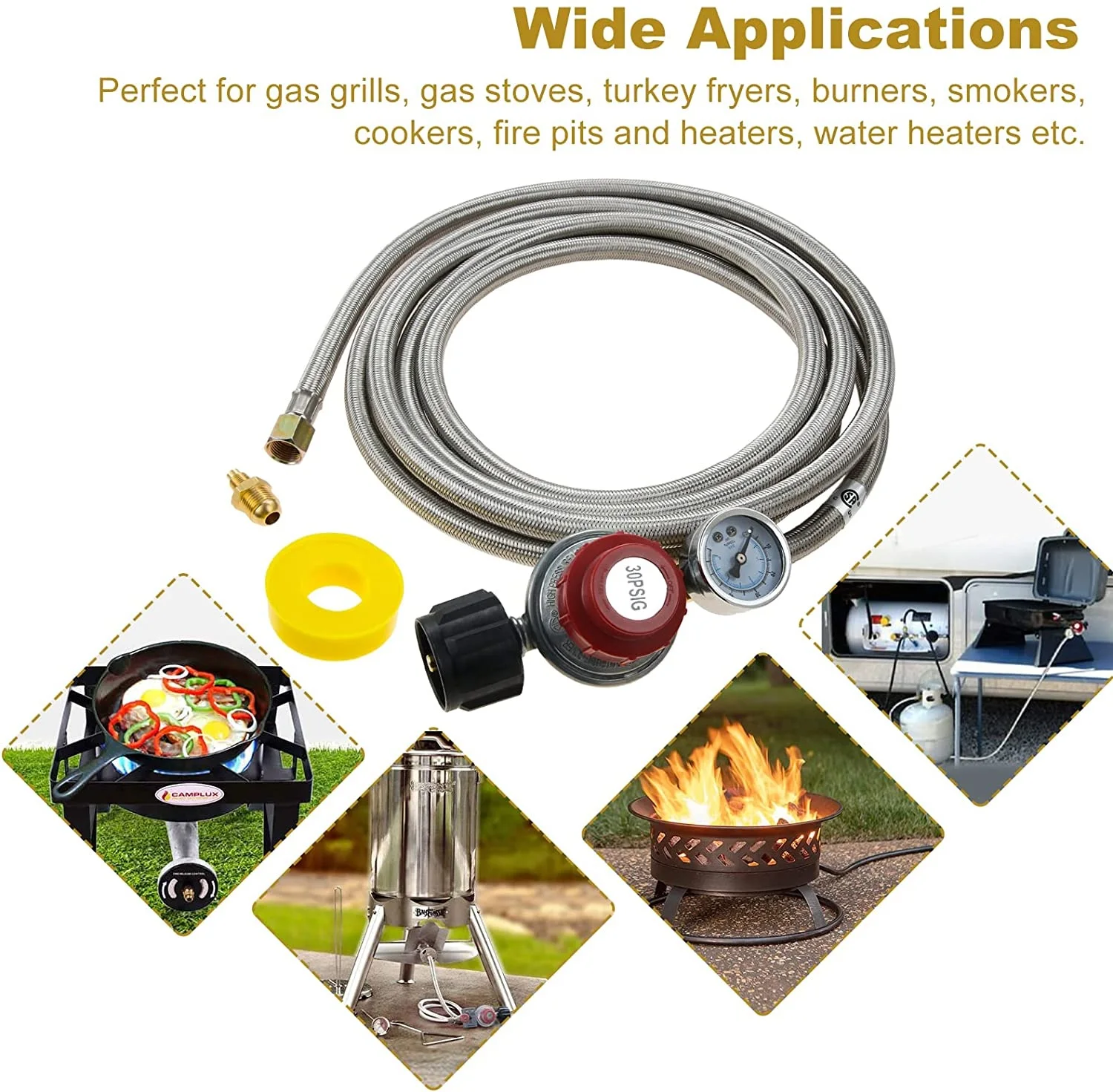 QCC1 0-30PSI Adjustable High Pressure Propane Regulator Hose 12Feet + PSI Gauge Grill 3/8