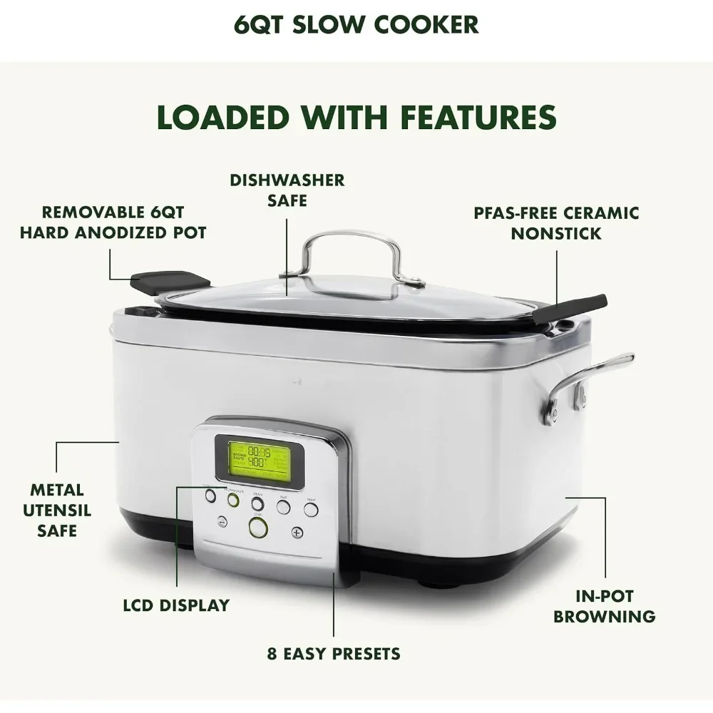 Slow Cooker 6QT, Dishwasher Safe Lid & Removable Crock, Elite 8 - in -1 Programmable Ceramic Nonstick Multi Electric Slow Cooker 4