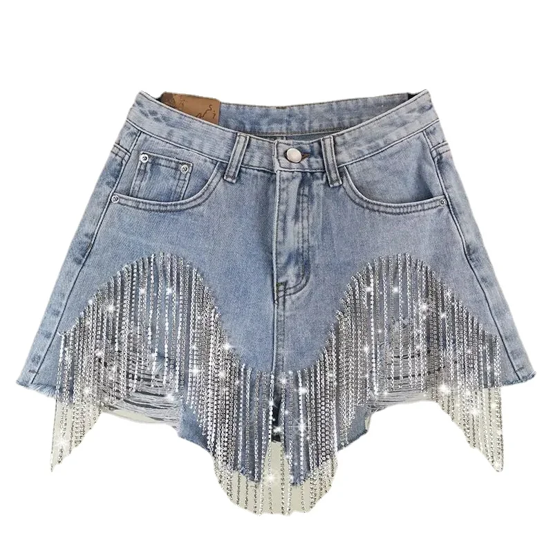 Summer Ripped Jeans Short Femme High Waist Diamond Tassel Y2k Casual Bottoms For Ladies Denim Shorts Women Clothing Fashion