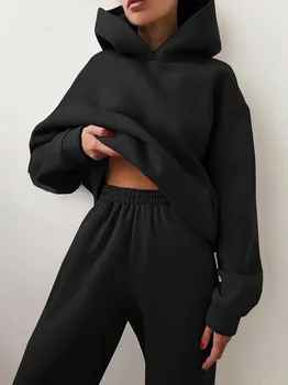 Women's Tracksuit Casual Solid Long Sleeve Hooded Sport Suits Autumn Warm Hoodie Sweatshirts and Long Pant Fleece Two Piece Sets 1