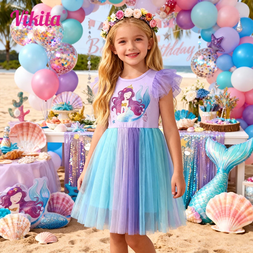 VIKITA Kinder Lila Meerjungfrau Cartoon Kleid Mädchen Trompetenärmel Prinzessin Mesh Tüll Geburtstag Party Schule Freizeitkleider Kinderkleidung