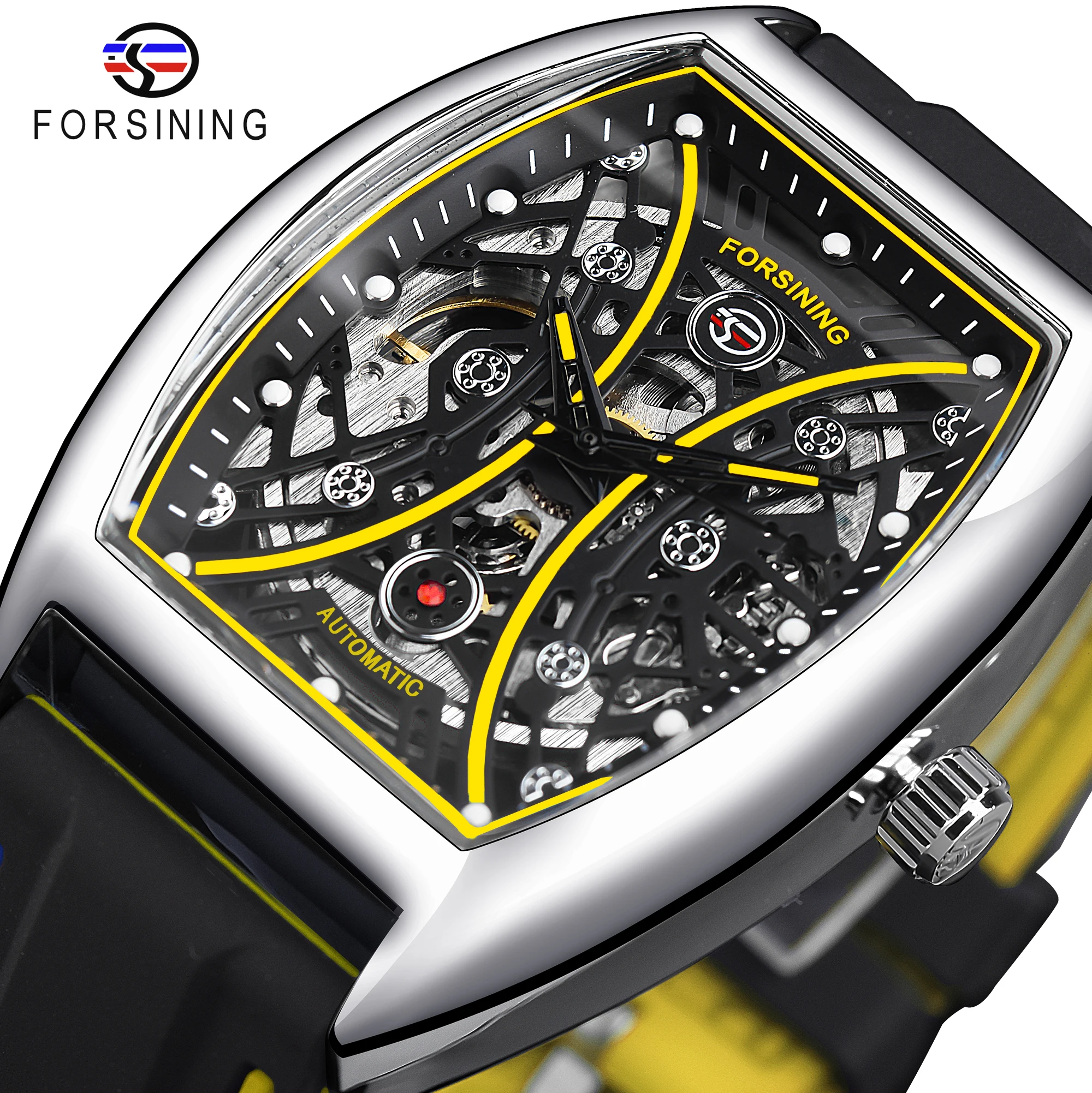 Forsining Fashion Man Luxury Yellow Design Waterproof  Automatic Mechanical Skeleton  Watches  Luminous With  Silicone Strap automatic retractable awning 600x350 cm yellow and white