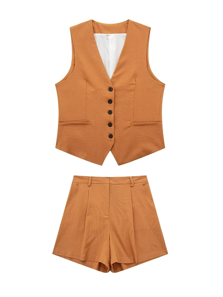 Willshela Women Fashion 2 Piece Set Solid Single Breasted V-Neck Vest & Vintage High Waist Shorts Female Chic Lady Shorts Set