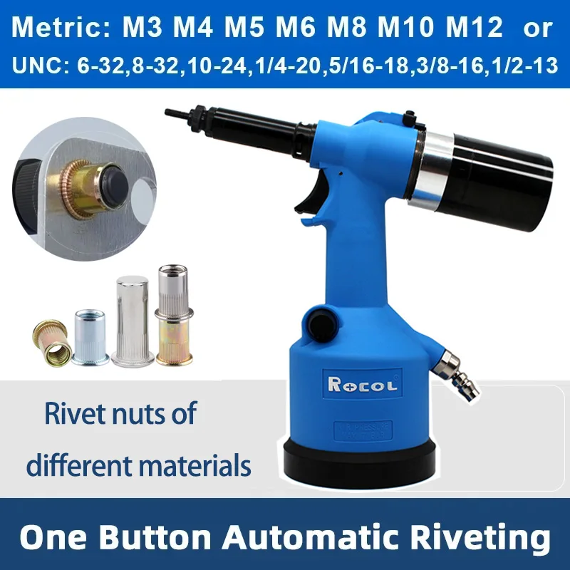 Rivet Gun and Nut Tool Set ROCOL Pneumatic Rivet Nut Gun Kit Industrial Adjustable M3-M12 Rivnut