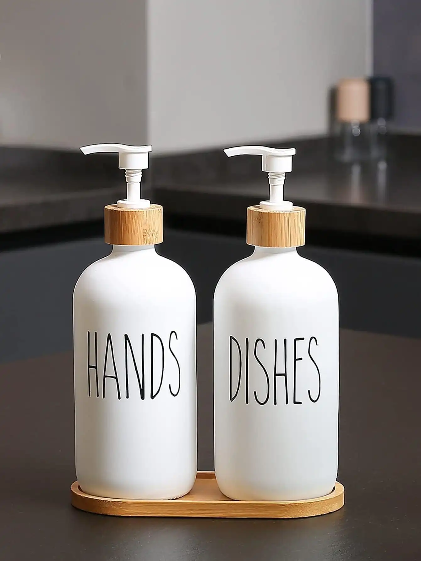Leeseph Dish Soap Dispenser for Kitchen Bamboo Pump and Soap Tray Set Dispenser Set Hand Dispenser(Empty Bottle)