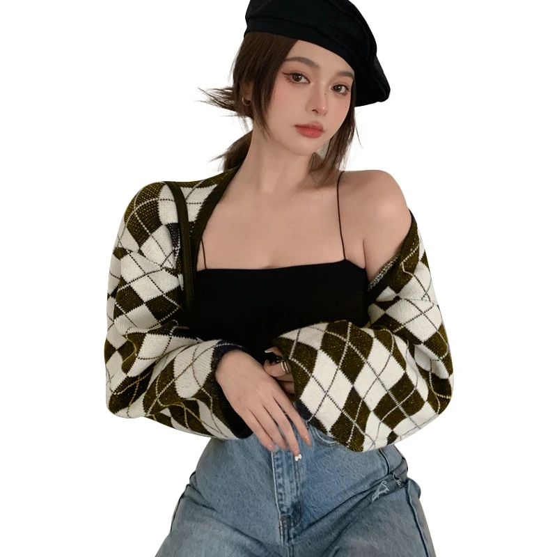 

Lattice Sweater Coat For Women Autumn Winter Retro Loose-fitting Short Knitted Cardigan Streetwear Korean Style