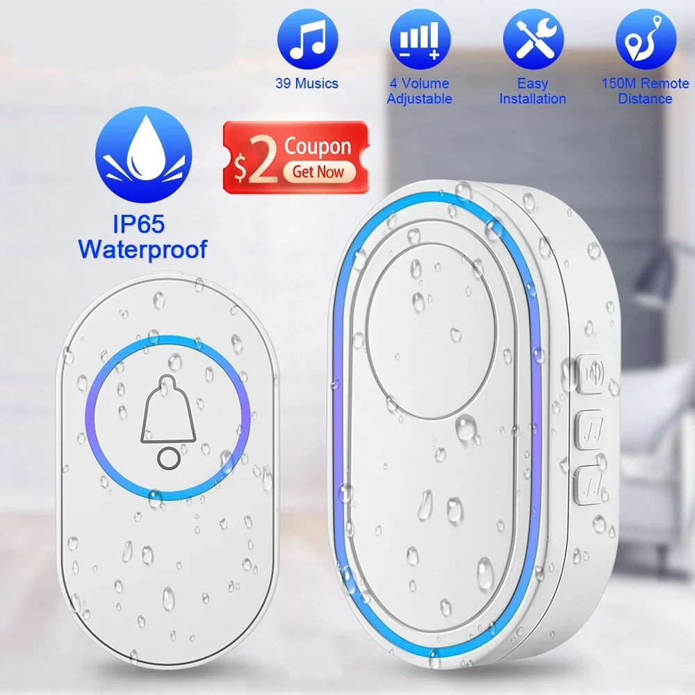 Wireless Doorbell 39 Music LED Flash Security Alarm Outdoor IP65 Waterproof Smart Home Intelligent Door Bell Chime Kit wireless doorbell home security bells outdoor waterproof w button