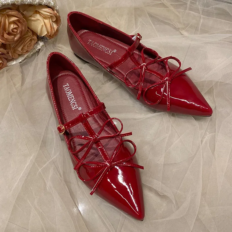Fashion T-Strap Ladies Mary Janes Flats Shoes Pointed Toe Female Butterfly-Knot Footwear Shallow Flats Shoes For Women 3