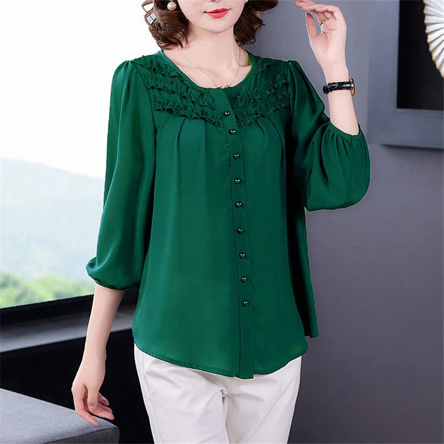 Oversized 6xl O-neck Chiffon Green Blouse Women Nine Quarter Sleeve Loose Tops Solid Shirts Summer Spring Camisas For 110kg 2022