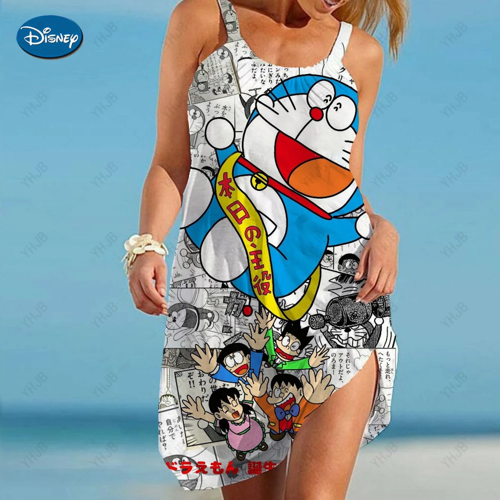 

Bohemian Doraemon Print Backless Sling Dress Summer Holiday Woman Adjust Spaghetti Strap Dresses Beach Holiday Vestidos