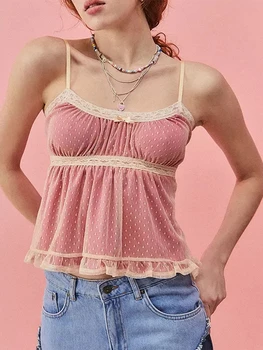Women's Sweet Cami Tops Mini Bowknot Front Spaghetti Strap Lace Trim Vest Show Navel Cropped Camisole 3