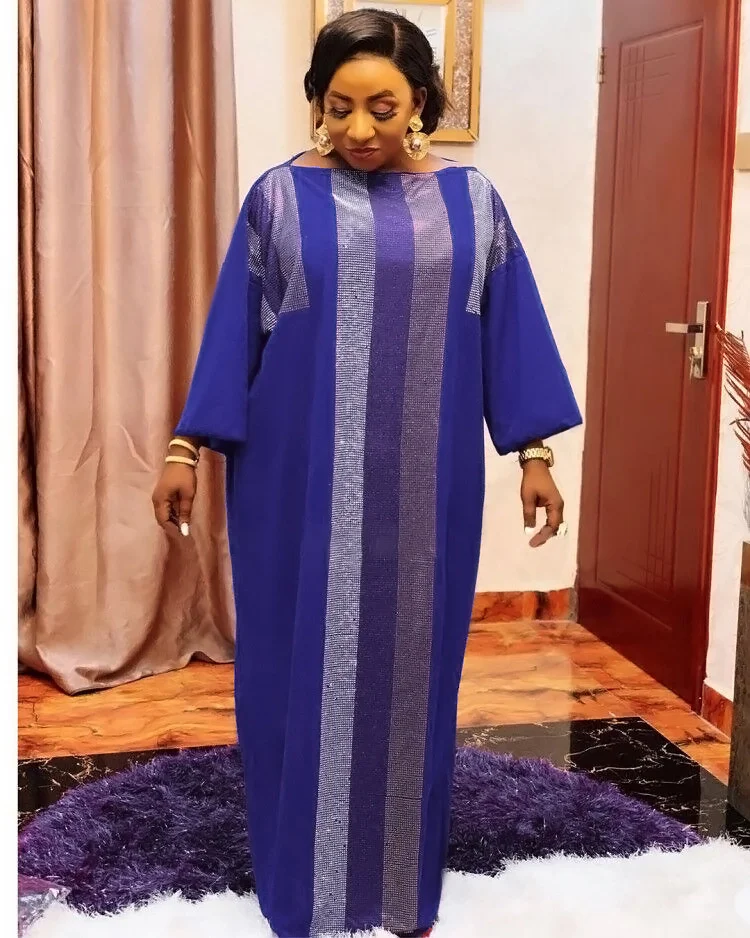 2023 New Large Summer Plus Size Women Heavy Industry Hot Diamond Colorful Diamond One Line Neck Bat Sleeve Elegant Ladies Dress