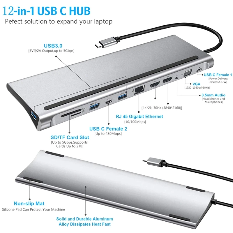 

Док-станция 12 в 1 для ноутбуков типа C и Dual для Hdmi мультипортов