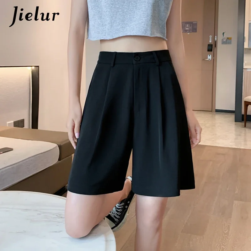 

Jielur New White Black Suit Short High Waist Wide Leg Shorts Female Outer Wear Five-point Casual Loose Womens Shorts Summer