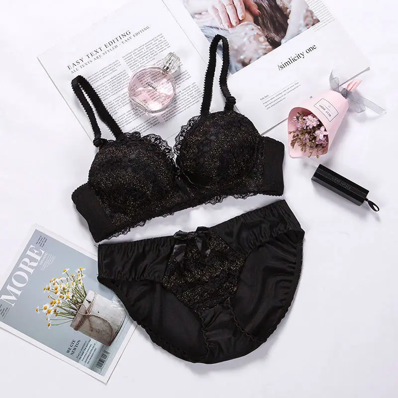 sexy bra panty Brand New Sexy Bra Briefs Women Push Up Lace Underwear Set Intimate Plus Size Hollow out Bra Panties No Steel Ring Black Tops cute underwear sets Bra & Brief Sets