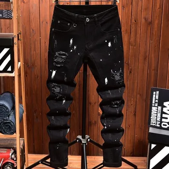 2024 Spring and Autumn New Fashion Trend Retro Ripped Black Stretch Jeans Men's Casual Comfort Straight Leg High Quality Pants 1