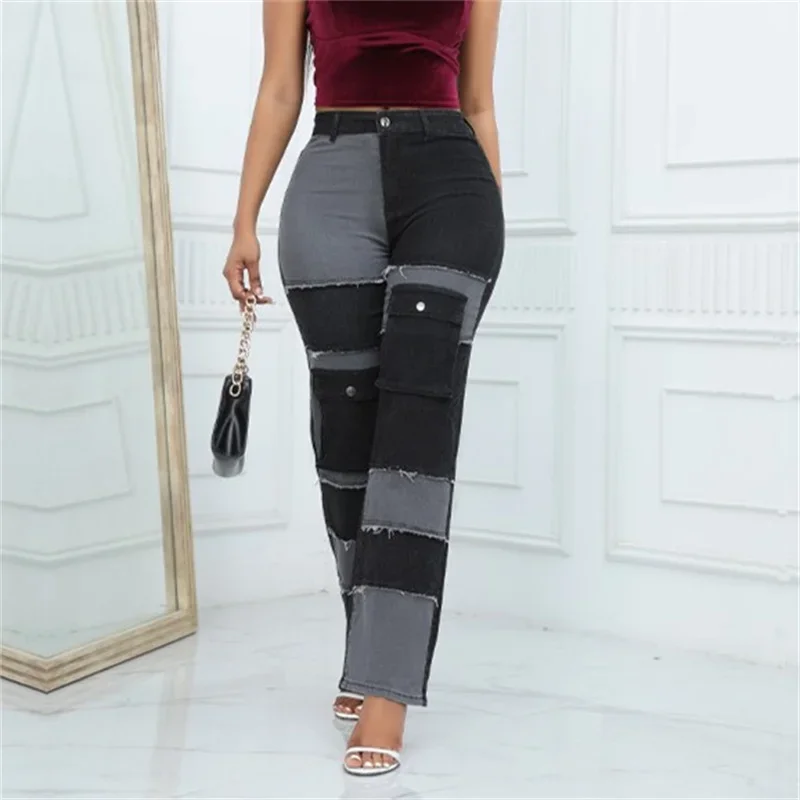 New Colour Blocking Patchwork High Waist Women Denim Trousers Autumn Casual Streetwear Straight Jeans Female Washable Long Pants