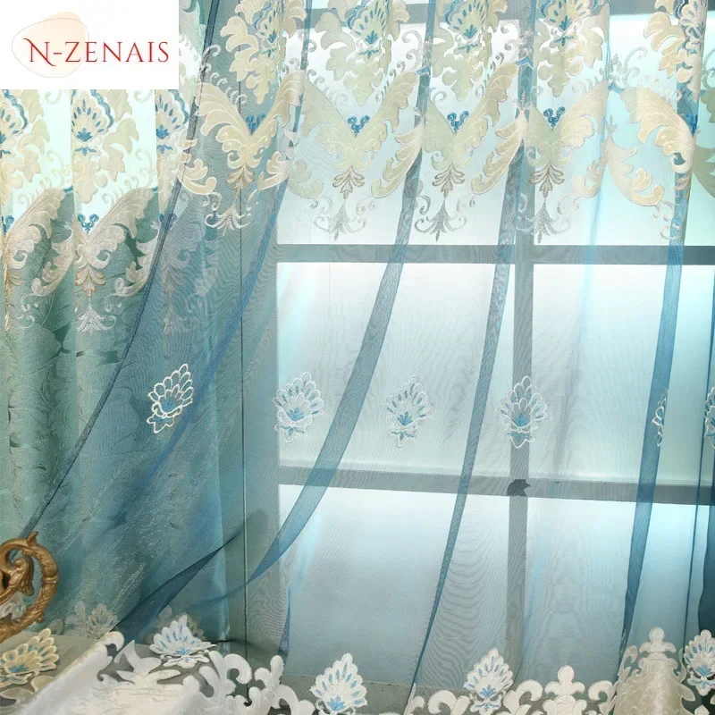 European Green Chenille Hollow Embroidered Luxury Curtains for Living Room Dining Bedroom Blackout Valance Window Custom Tulle