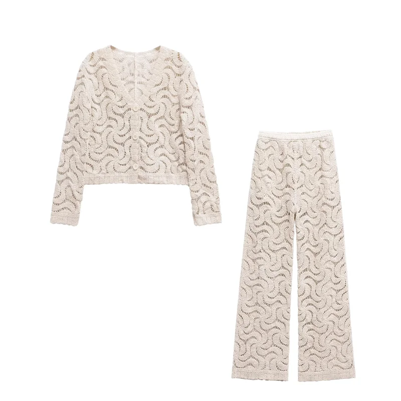 Women's Casual Hollow Out Knit Two-Piece Set, Buttoned Long Sleeve Top with Wide Leg Pants, Trendy for Parties and Shopping