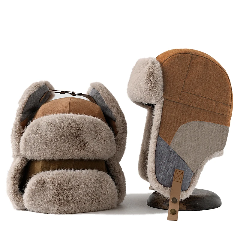 Russian Hat For Men Earflap Pilot Hat Winter Korean Splicing Faux Rabbit Ushak Bomber Trapper Thickened Warm Cap Women's Ski Cap winter hat earflap hat faux fur hat