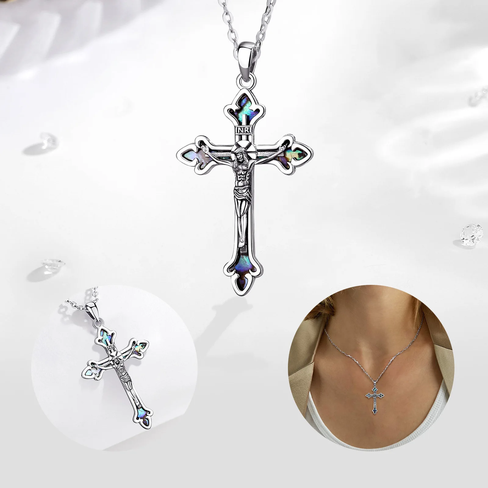 Abalone Jesus Silver Cross Unisex Necklace - Image 4