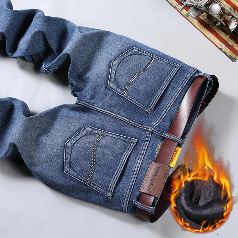 New Winter Business Men's Jeans Plush Straight Stretch Fashionable Pants for Mens Blue Black Work Denim Trousers