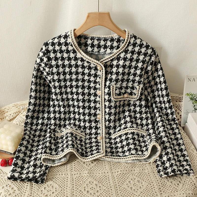 

Houndstooth Tweed Blended Vintage Women's Jacket Short Coat Korean Fashion Long Sleeve Autumn Winter Clothes Jackets for Women