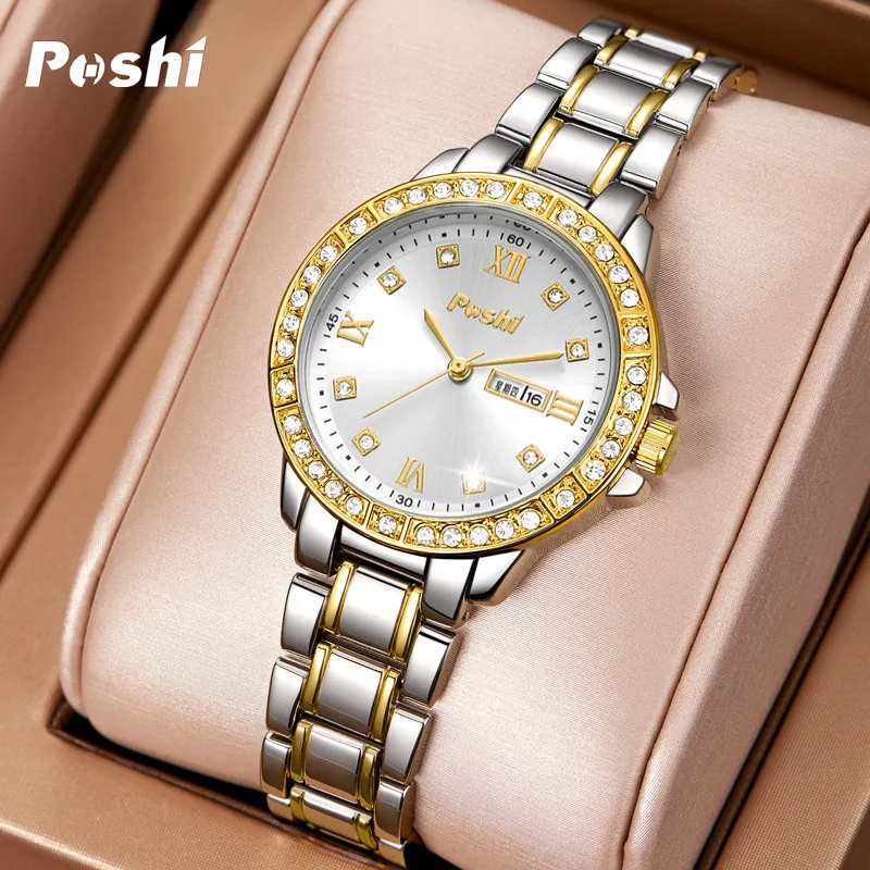 POSHI Quartz Watch for Women Alloy Strap Causal Ladies Wristwatch with Date Week Fashion Elegant Bracelet Waterproof Gift 2