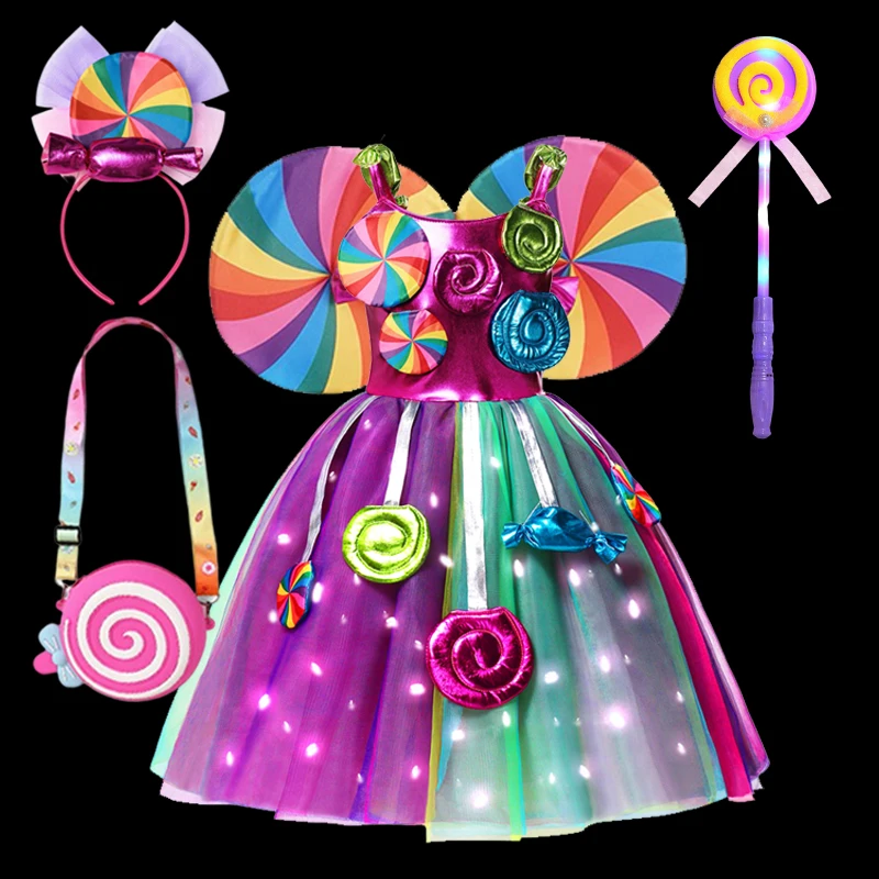 thumbnail image 1 of Arcoíris dulce piruleta caramelo vestido para niños, fiesta de carnaval, disfraz de cumpleaños para niñas, tutú de luz LED de lujo, ropa de boda para niños, 1 of 5