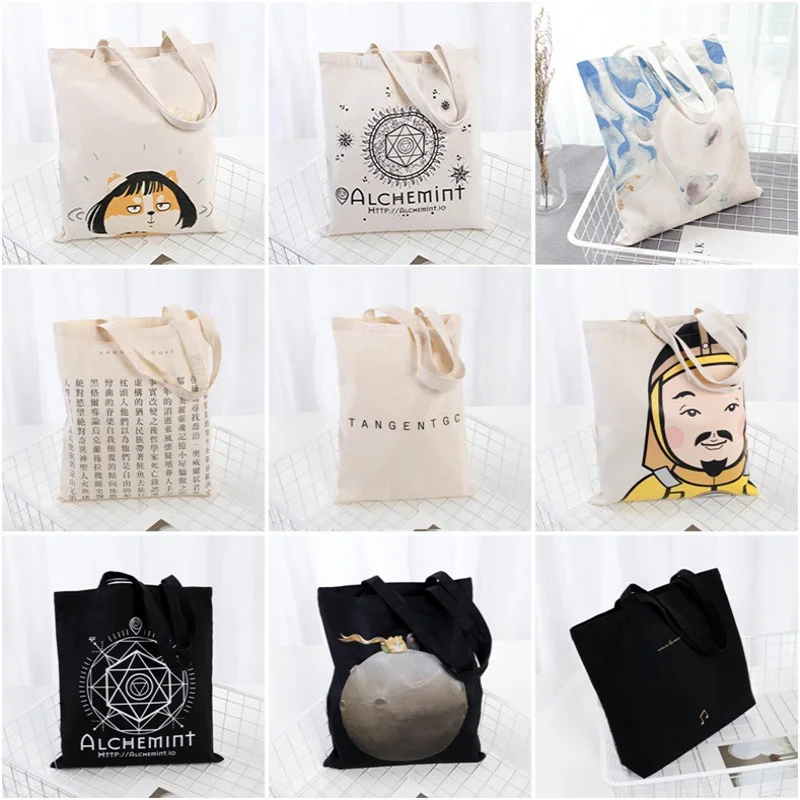Large Capacity Canvas Shoulder Handbag Folding Eco-Friendly Cotton Tote Bags Reusable DIY Shoulder Bag Grocery Bag Beige White 4