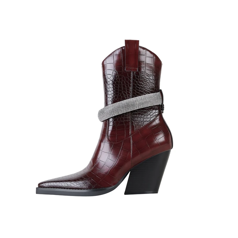 Kaky's New Pointed Stone Water Diamond Thick High Heel Large Women's Boots Short Boots Western Boots