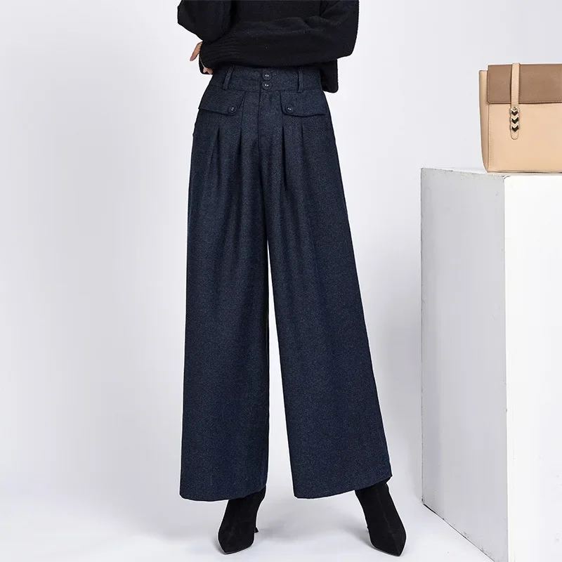 M-4XL 3 Color Winter Women Pants Warmth Wool High Waist Pleated Loose Wide Leg Pants Ladies New Fashion Casual Solid Trousers