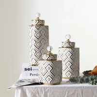 Ceramic Crystal Decorative Jar Checkmate can Geometric Golden Relief Jars Storage Tank Vase Storage container Home Decoration 1