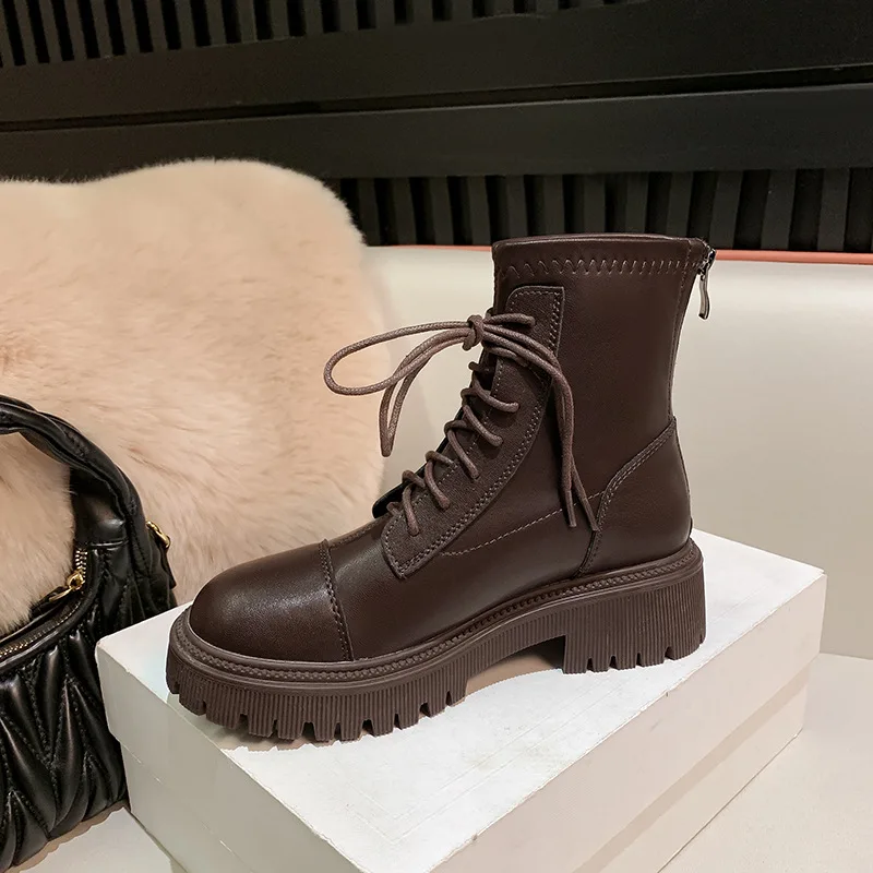 

Thick Bottom Boots Short Boots Women's Genuine Leather 2023 Autumn/Winter New British Style Elevated Lacing Elastic Slim Boots