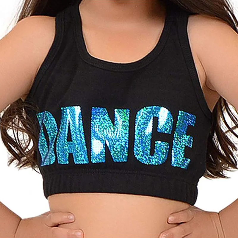 

FEESHOW Kids Girls Sleeveless Shiny Letters DANCE Printed Crop Top Sports Gymnastics Ballet Tops Stage Performance Dance Costume