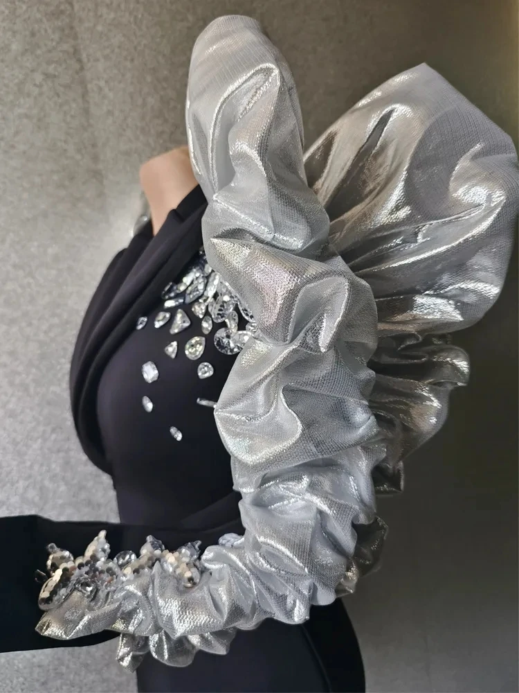 Stage Performance Costume Diamonds Black Suit Stage Jacket Silver Trim Singer Stage Show Dress Party Drag Queen Performance Costume