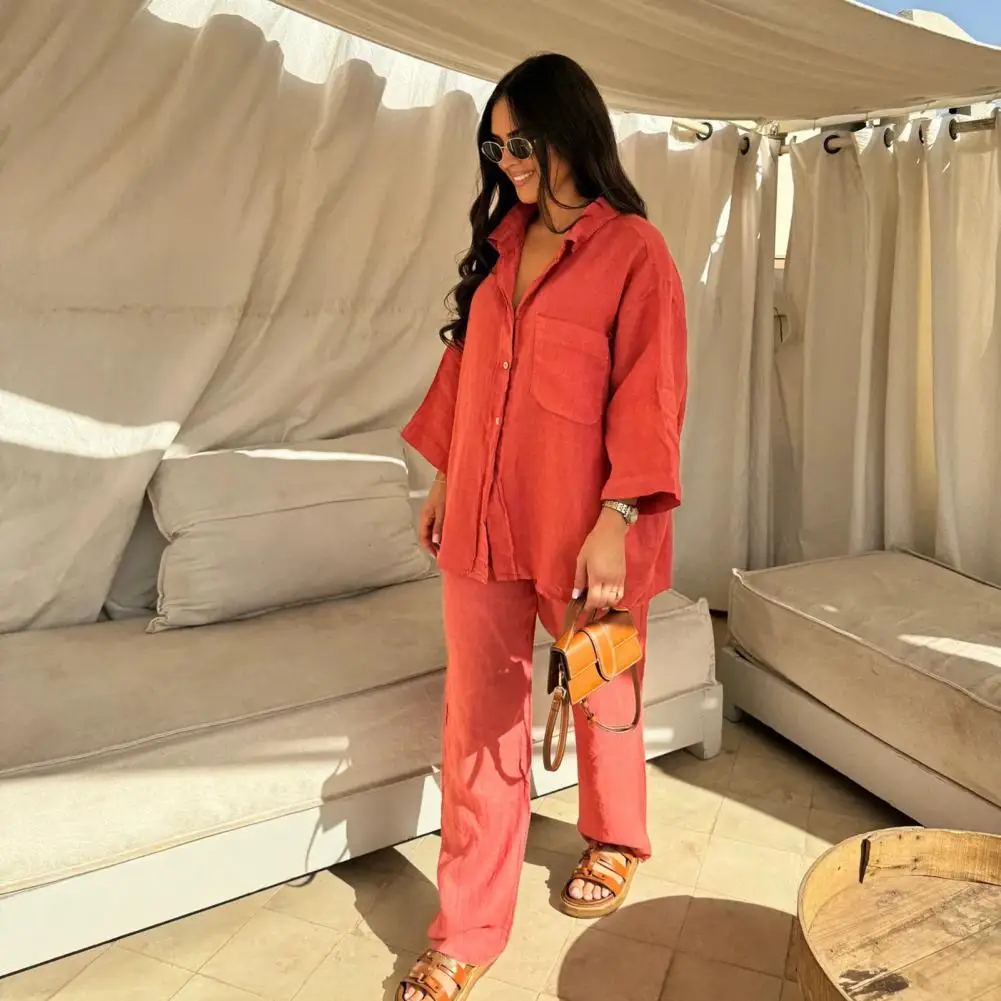 Women Summer Suit Women's Lapel V Neck Shirt Wide Leg Pants Set Solid Color Three Quarter Sleeve Top with Chest Pocket for Women