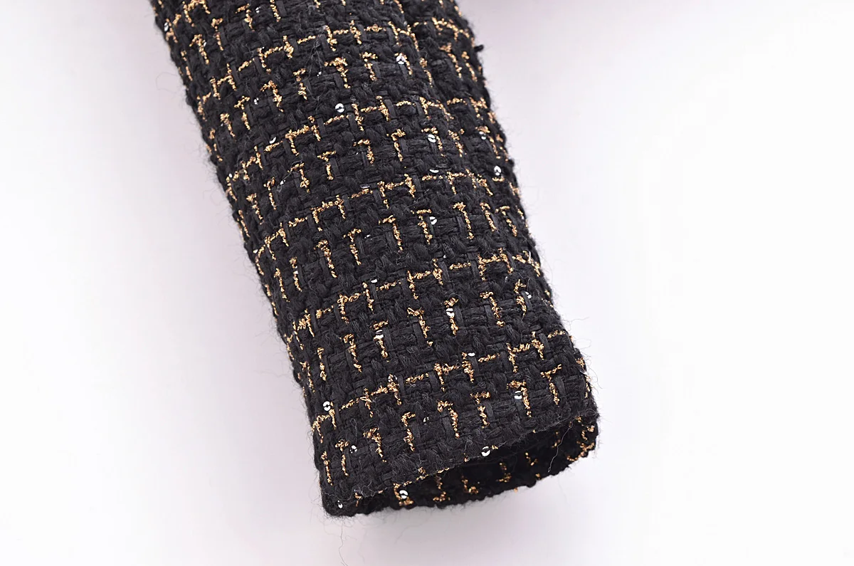 French Retro Women Black Weave Gold Line Tweed Blazer High Waist Center Buttons Back Zipper Mini Skirt Set Suits 2 pieces 1 set