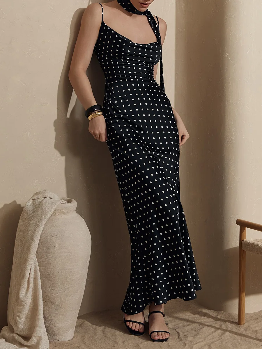 Bornladies 2026 Women's Summer New Cami Maxi Dress Halter Tie-Waist Mermaid Skirt Elegant Polka Dot Long Dress