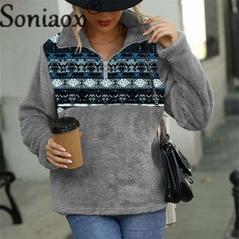 Autumn Winter Thickened Fluffy Fabric  Half Open Zipper Stand Neck Sweatshirt Female Loose Pocket Hoodie Women's Warm Outerwear