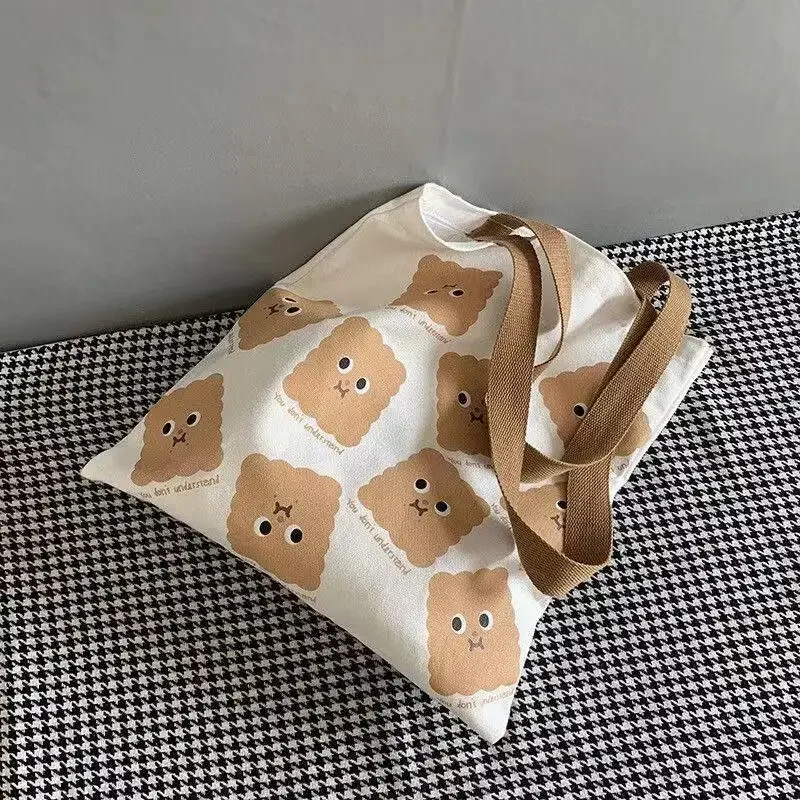 Cute Cartoon Print Ladies Casual Handbag Tote Bag Women Canvas Shoulder Bag Large Capacity Cotton Reusable Portable Schoolbag