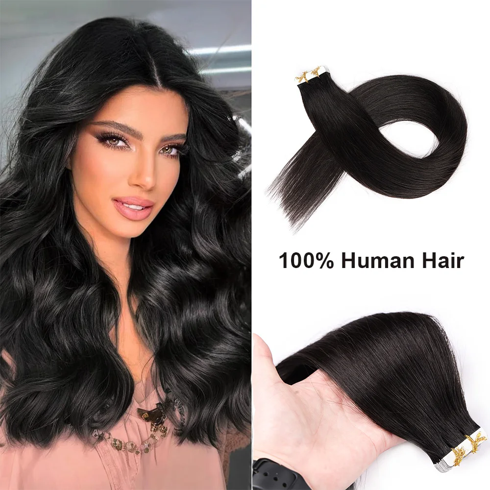 Tape in Hair Extensions Human Hair Seamless Invisible Tape in Extensions Jet Black #1 20pcs 50g Free Shipping Cynosure Hair