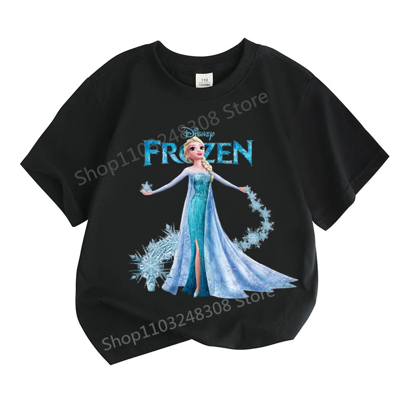 2024 New Design Cartoon Disney Frozen Princess Children 100%Cotton Girl Printed Street Casual Short Sleeve T-Shirt Girls Clothes 3